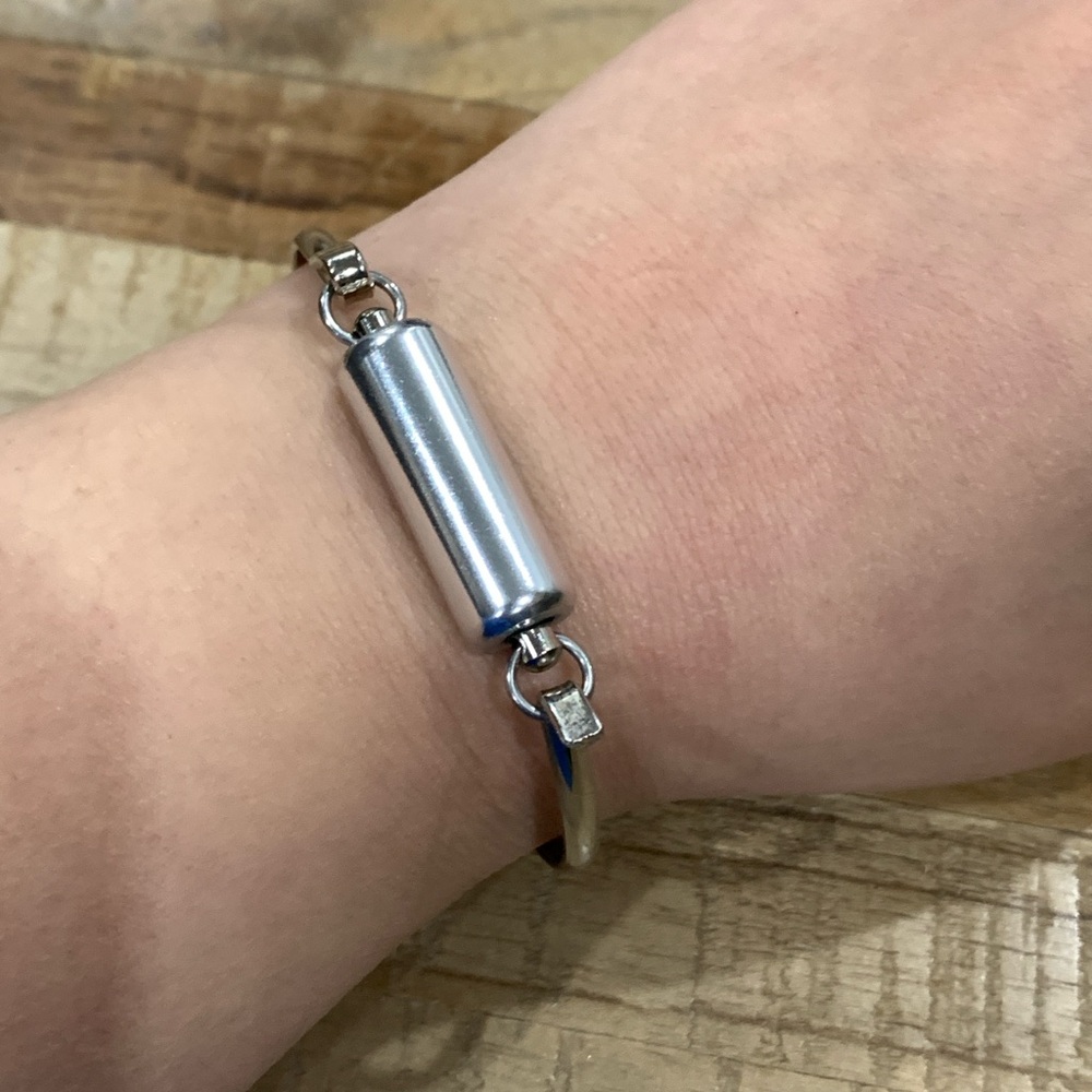Modernist Silver Tone Cylinder Bar Hook Bangle Bracelet | Minimalist Industrial - Picture 6 of 7